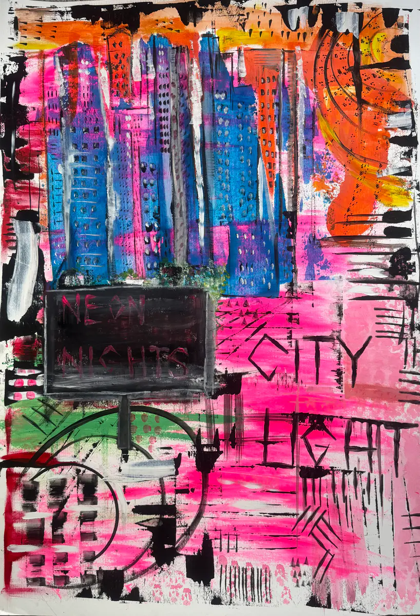 NEON NIGHTS - Akvarell - Abstract Expressionism - 70×100 cm av Monixx