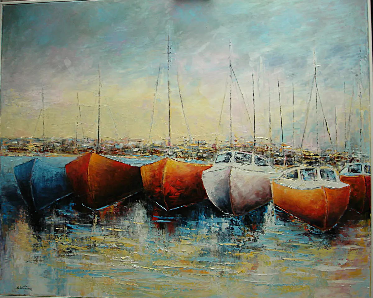 Båthamnen - Olieverf - Landscape - 103×84 cm door Stig Karlsson