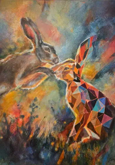 Harmoni i Skymningen: Geometriska Harar i Samspel - Acryl door Lana Blink