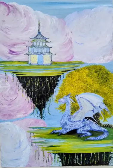 The Magical Dragon - Olieverf door Ateliemaloucametthe