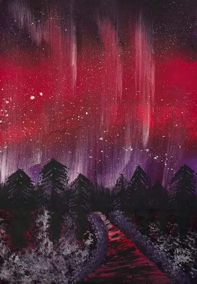 Norrsken på röd natthimmel. - Akryyli taiteilija Ann-Christin (Acmpainting) Martinsson