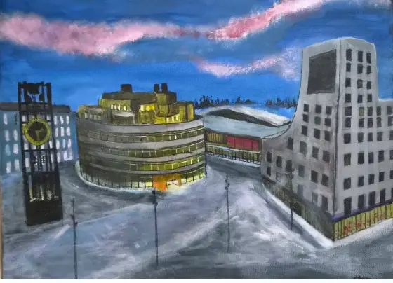 Norrsken över Kiruna nya centrum, - Acryl door Håkan Siggemo