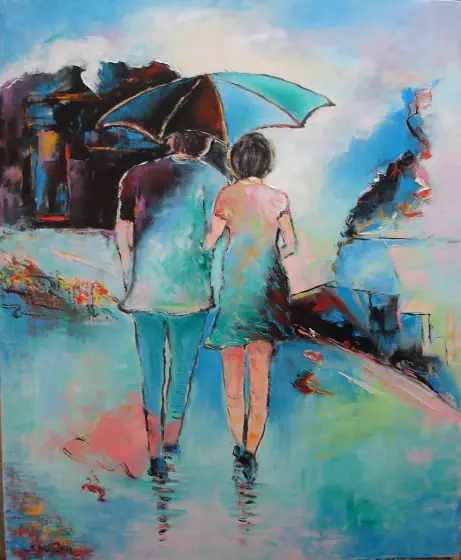 Promenad under Paraply - Olieverf door Stig Karlsson